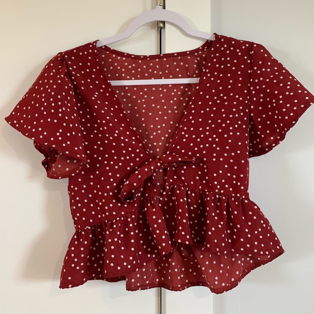 Burgundy Polka Dot Tie Front Blouse